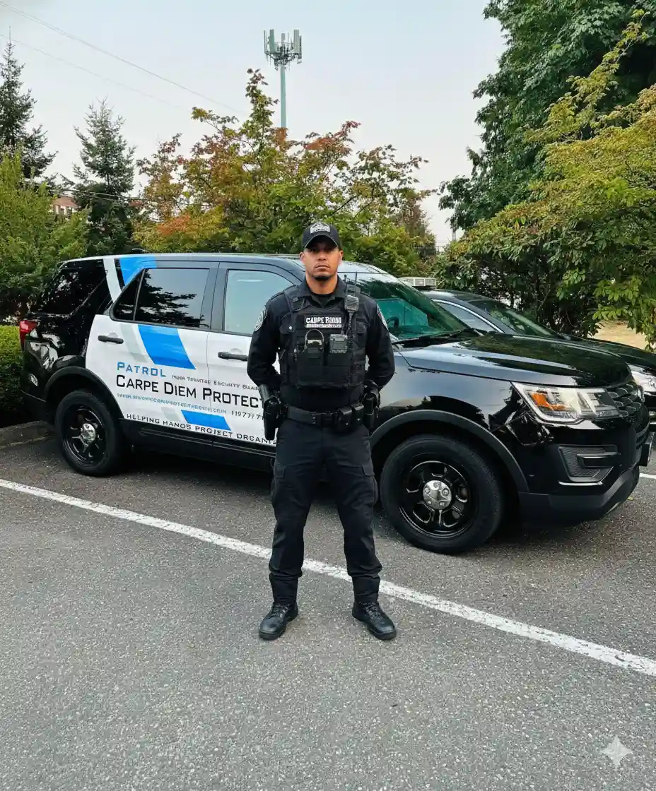 Carpe Diem Protection security guard standing beside a marked patrol vehicle for mobile security services