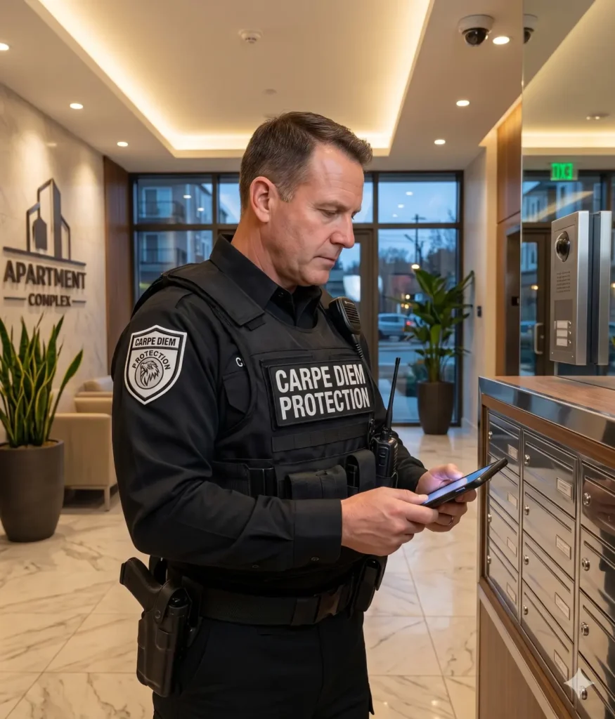 Carpe Diem Protection security officer monitoring an apartment complex with a mobile device