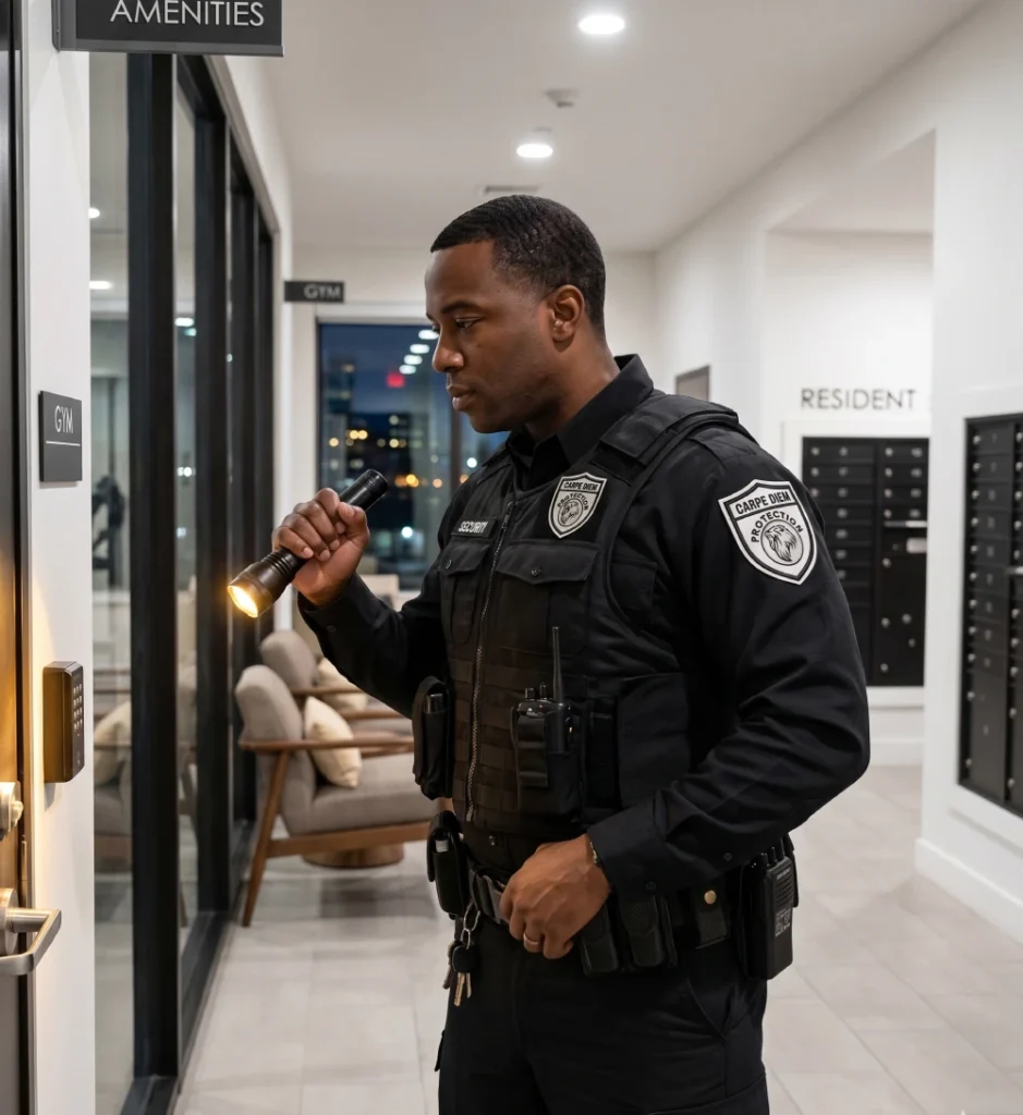 Carpe Diem Protection security guard performing building patrol and access monitoring services